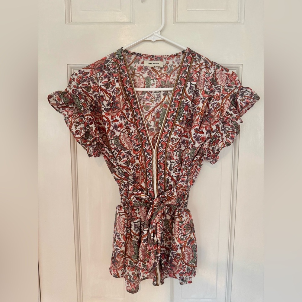 MAX STUDIO Floral Flutter-Sleeve Smocked-Waist Top